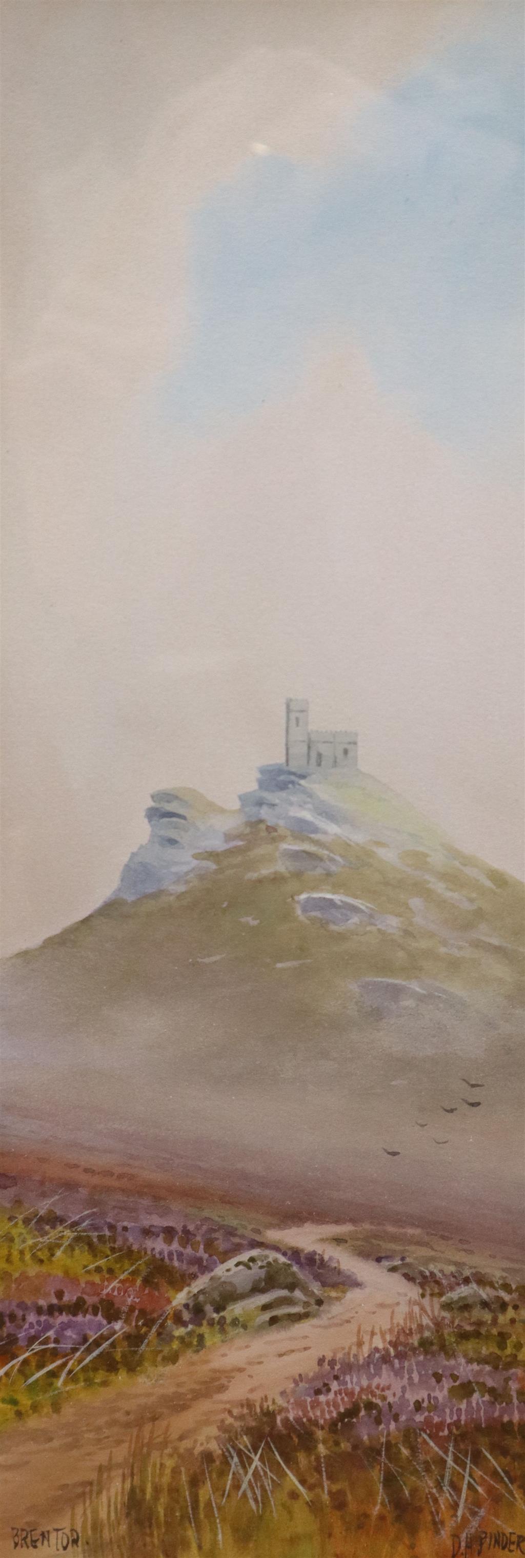 Douglas H. Pinder,a pair of gouache drawings,Brentor and The Dart, signed, 31 x 11.5cm and a similar larger gouache, 26 x 37cm
